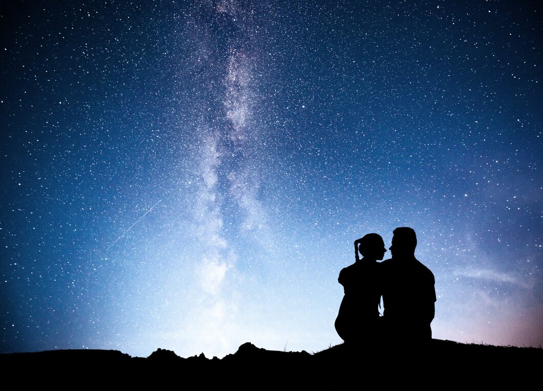 standing man woman mountain with star light hugging couple against purple milky way 146671 14040